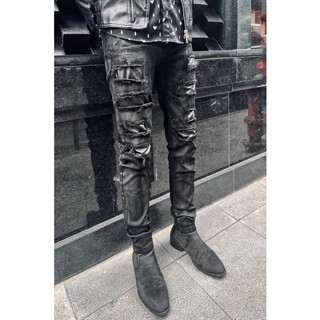 Quần jeans wax đáp da xé rách