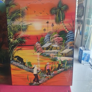 Tranh sơn mài đồng quê vẽ màu cẩn trứng đẹp Thanh Bình Lê, hàng xuất khẩu 30x40 cm