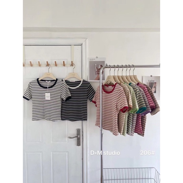 Áo thun croptop nữ tay ngắn kẻ sọc đẹp hàng Quảng Châu, áo phông form ôm body kẻ ngang thời trang Hàn Quốc 206