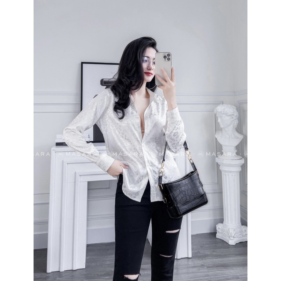 Áo trắng lụa gấm sơ mi dài tay nữ cao cấp họa tiết nổi beo hoa trắng, áo sơ mi họa tiết thiết kế MQ Boutique