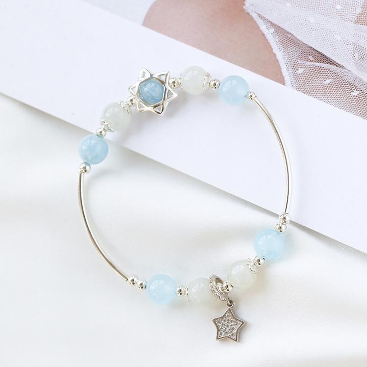 Vòng đá Aquamarine kết hợp đá Mặt Trăng mix charm bạc, hợp mệnh Kim - Thủy.