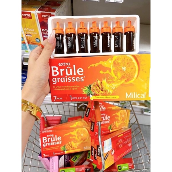 Detox, Hỗ trợ giảm mỡ nội tạng cam dứa Milical Brule Graisses (Pháp - Hộp 7 ống)