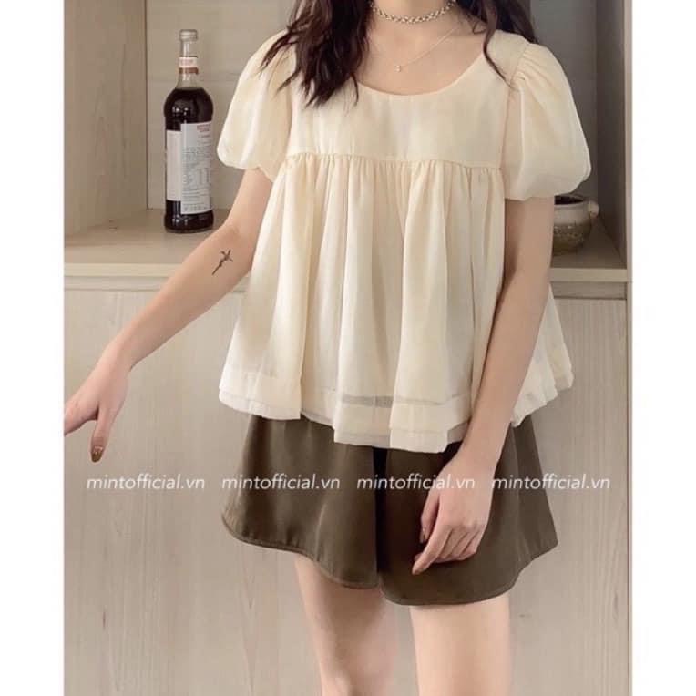 Set áo babydoll voan lụa thắt nơ sau kèm quần short nâu vải đẹp MSP LACO75