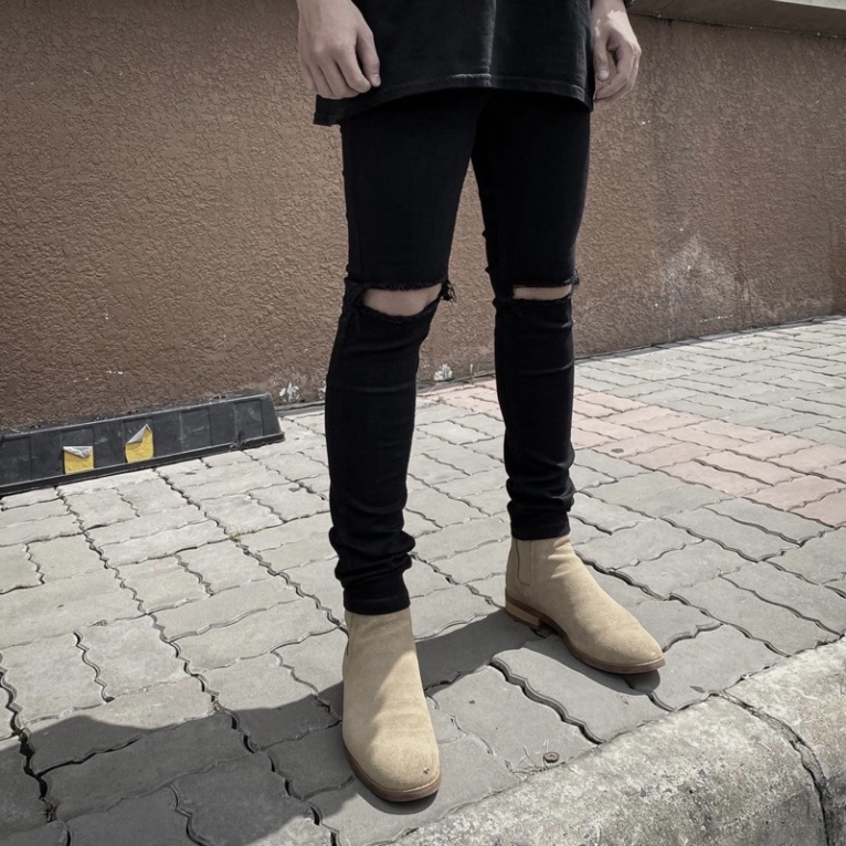 Quần jean nam rách gối khóa zip Quần jean nam rách gối form slimfit