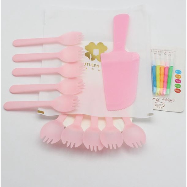 Phụ kiện bánh kem, bánh sinh nhật bộ set 10 bộ dao, dĩa, đĩa giấy và nến
