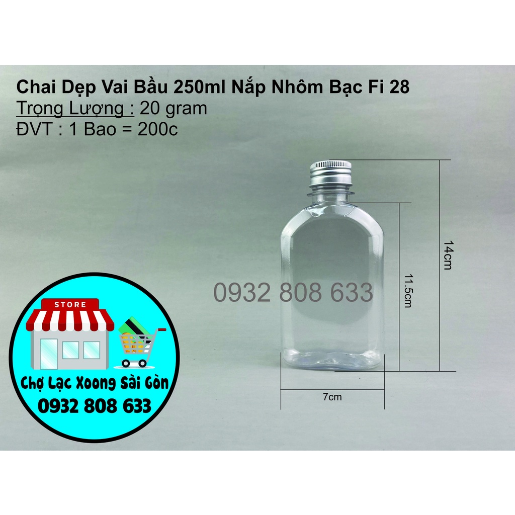 Combo 50 Chai Nhựa Dẹp Vai Bầu 250ml Nắp Nhôm Bạc Fi 28