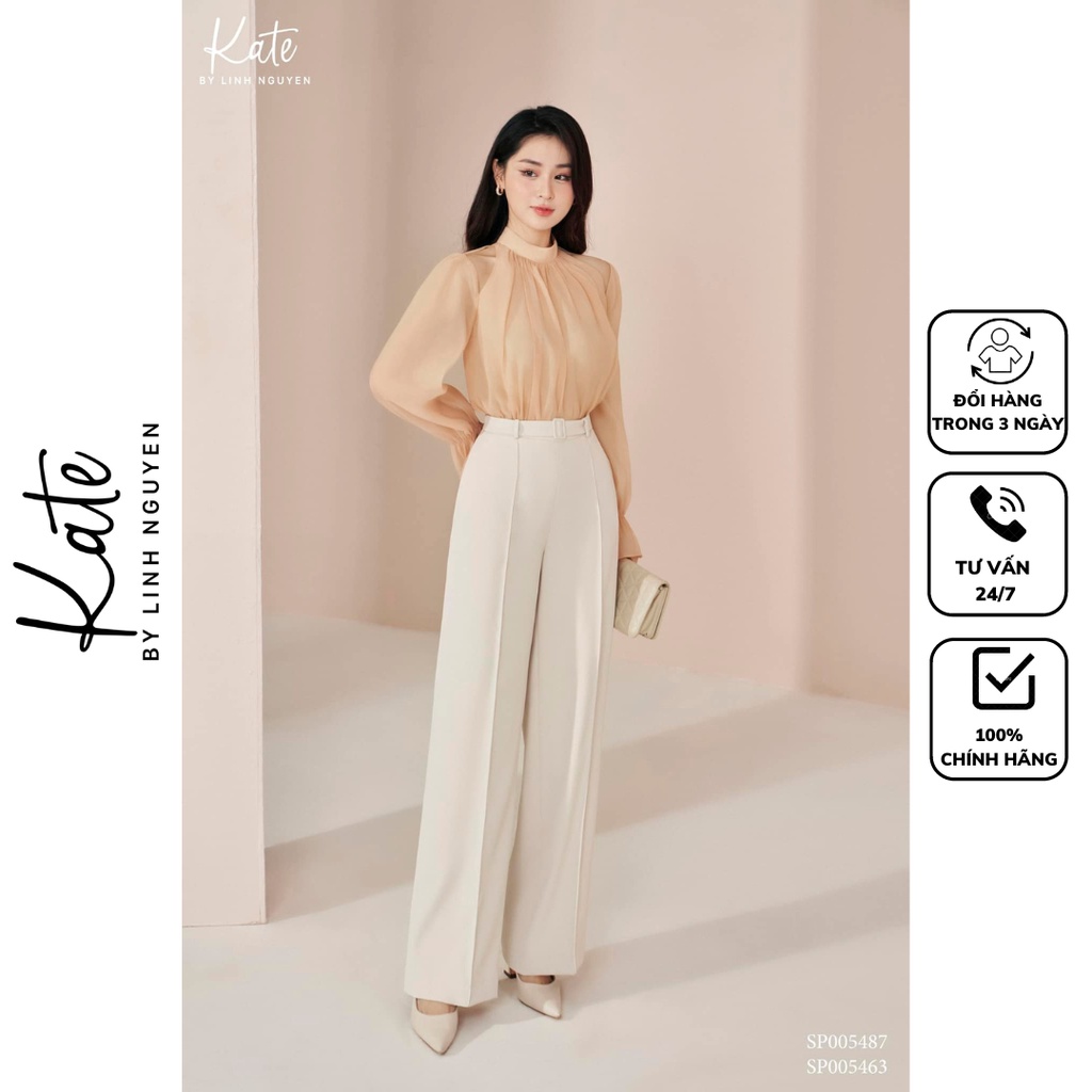 Áo sơ mi tằm cổ tàu khoét vai 5487 quần suông phối đai hoen 5463 thời trang thiết kế Kate by Linh Nguyen
