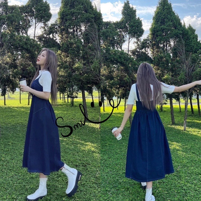 Set váy đầm nữ bò dáng dài phối áo thun cổ tròn tay bồng freesize chun lưng tiểu thư hàn quốc Ylydress C1389