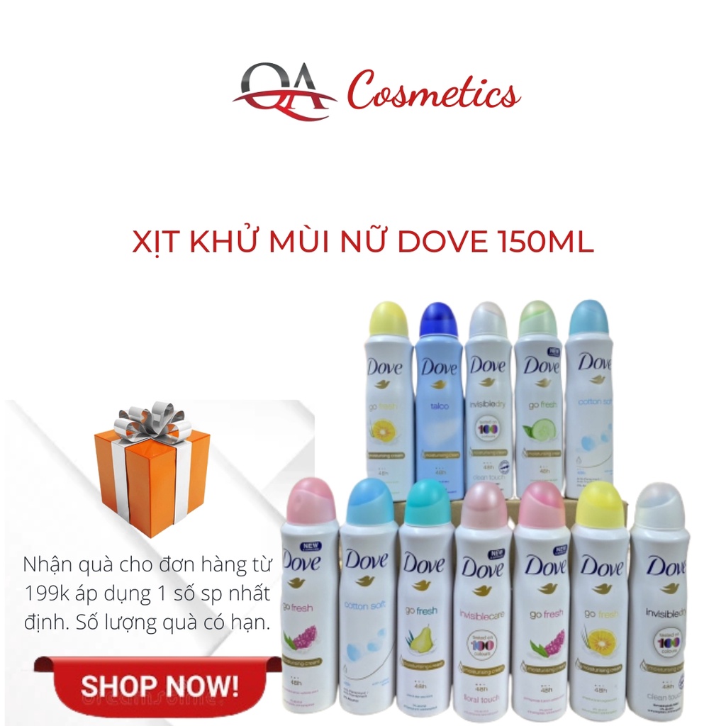 Xịt khử mùi Nữ DOVE, Xịt Body Dove Hương Thơm Tươi Mát 150ml