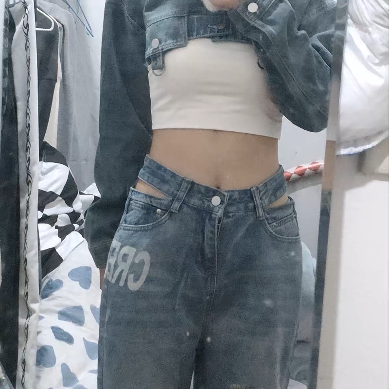 Set áo croptop jean + áo ống phối jean chất chơi