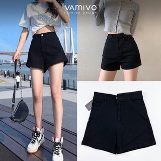 Quần short jean nữ, quần đùi bò nữ, jean giấy màu đen Vamivo cạp cao khóa trước co giãn