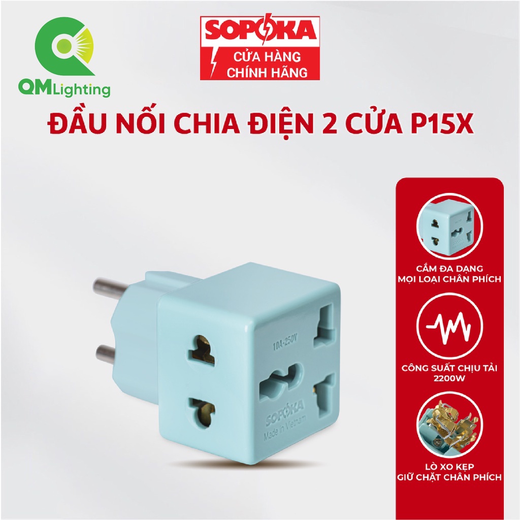 Ổ chia điện đầu nối thông minh P15 SOPOKA 1 chia 2 cửa có ổ cắm 3 chấu tiện lợi