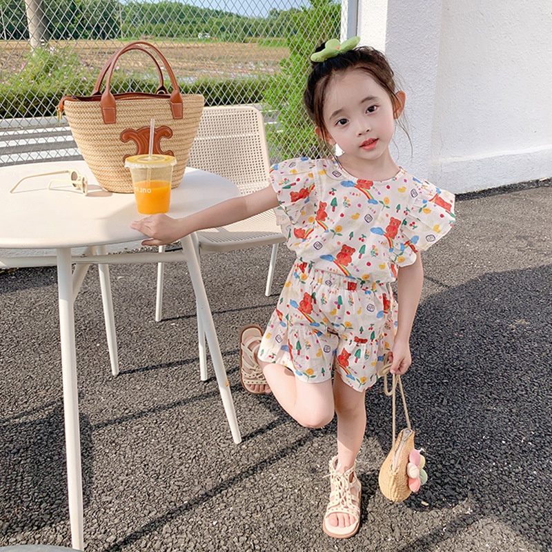 Bộ cộc tay bé gái voan tơ họa tiết gấu cầu vồng mát mẻ, thời trang phong cách mùa Hè, Shopbena