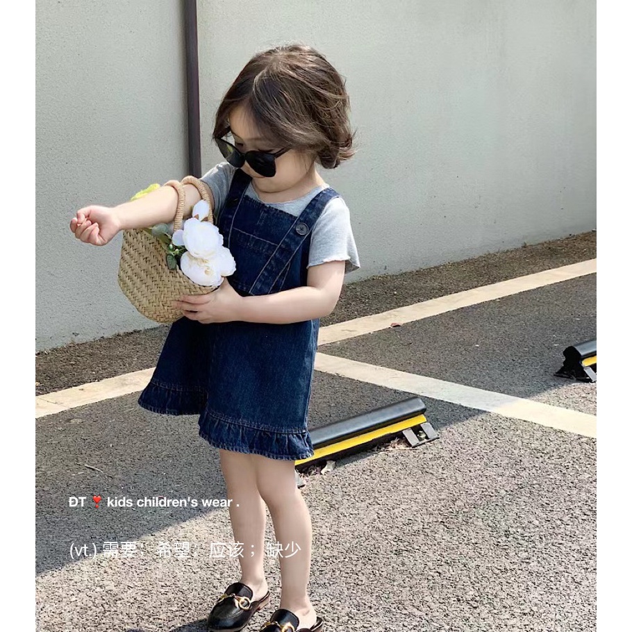 Đầm yếm jean bèo kèm áo cotton, set áo váy bò cho bé gái BYBG07