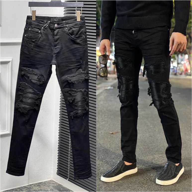Quần jean bò nam Amiri slimfit black rách tua xù trần da đen nhăn vá viền dập xếp nhăn ống cao cấp LF1018