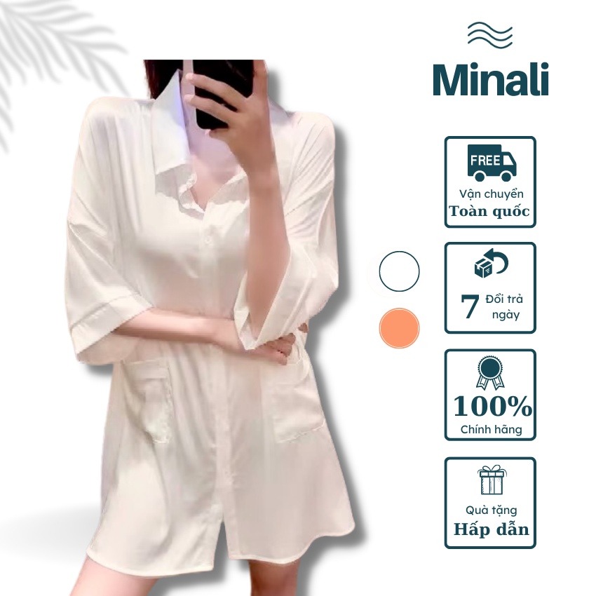 Váy Ngủ Sơ Mi Lụa Cao Cấp Freesize Tay Lỡ Mặc Nhà Dễ Thương Thiết Kế Minali