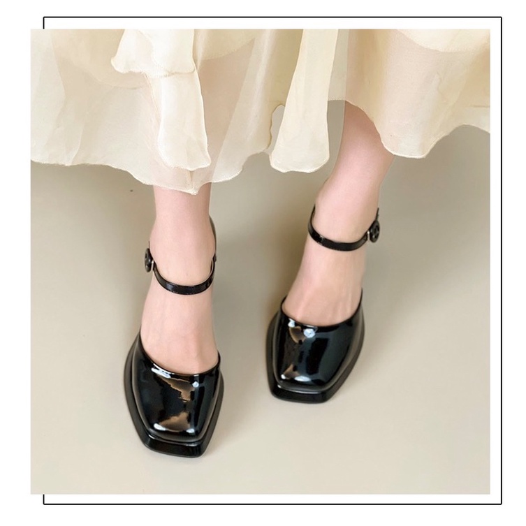 Giày búp bê nữ da bóng gót vuông cao 9cm có khoá cài