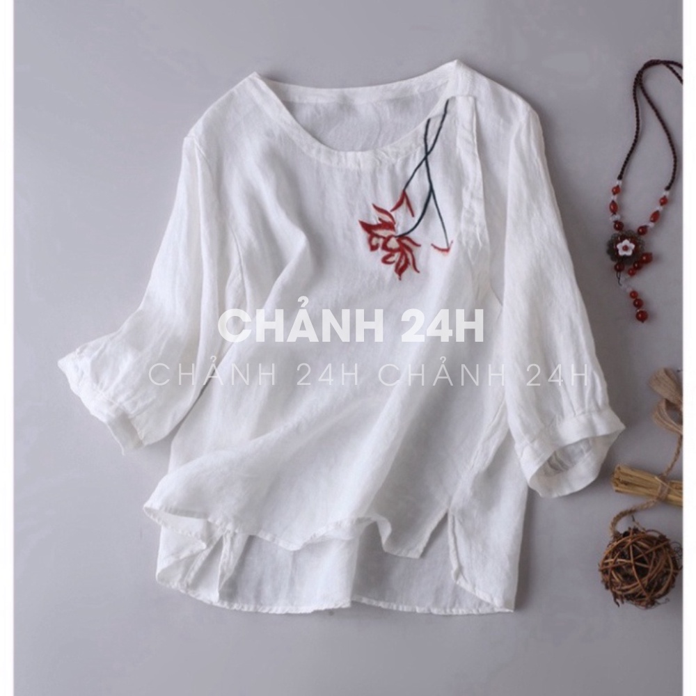 Áo trung niên nữ thêu hoa thiết kế tặng mẹ Chảnh 24h áo kiểu form rộng bigsize chất liệu mềm nhẹ mát AKH.64