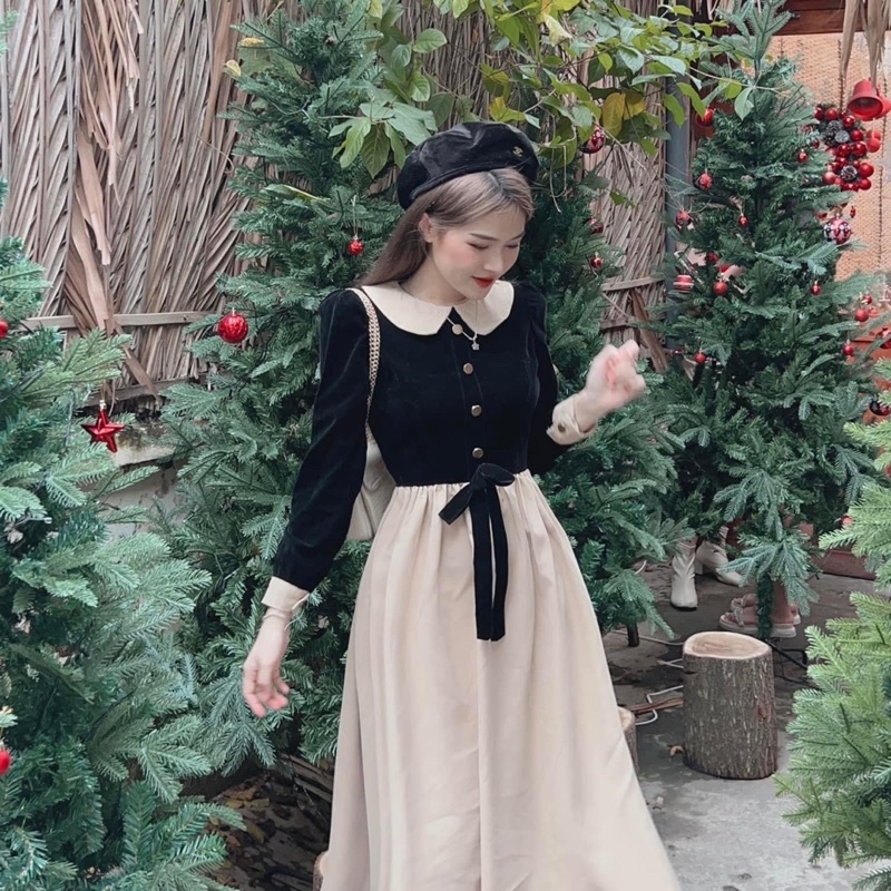 Set áo nhung đen phối chân váy nude