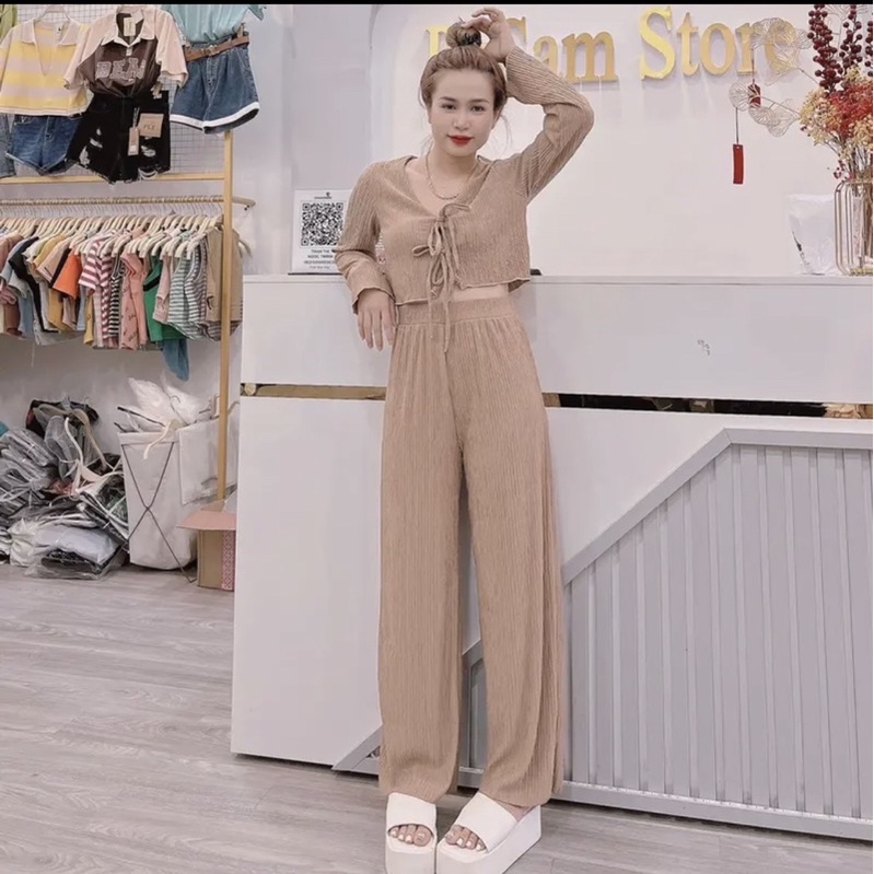 Set Bộ Thun Xốp Nhăn Thắt Cột Nơ Ngực Kèm Quần Xuông