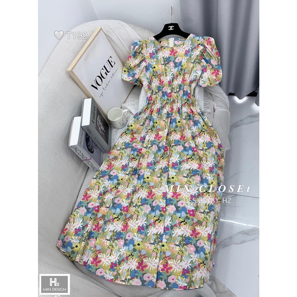 Đầm Váy Hoa Nhí Phối Nhún Eo Cổ Bèo Tay Bồng Dáng Babydoll Vải Thô Mát Hàng Đẹp Chuẩn Hình Thật