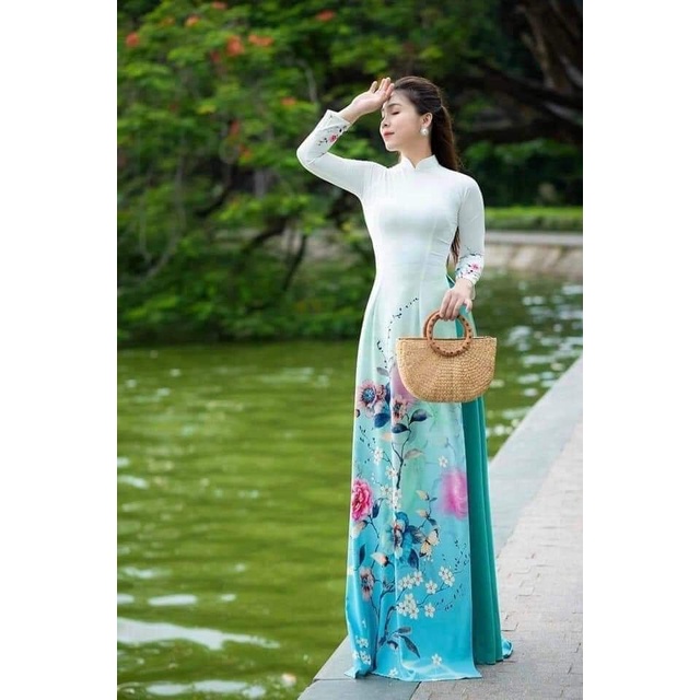 Áo dài nữ trắng lụa Nhật truyền thống MINH KHANG in 6D may sẵn họa tiết bông hoa đơn giản, quần màu xanh nhạt