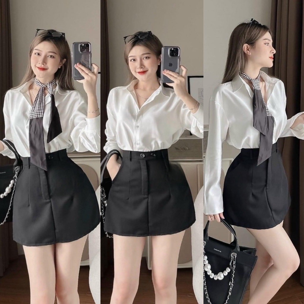 Sét áo sơ mi+chân váy A kèm khăn cavat, sét bộ sang trọng bigsize Kim Ngân từ 50kg đến 100kg (M/L/XL/XXL)(Sét Bộ)