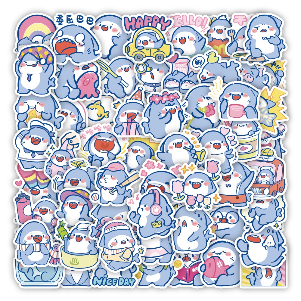 Set 50 chiếc sticker chống nước CÁ MẬP HOẠT HÌNH DỄ THƯƠNG dán mũ bảo hiểm vali laptop xe máy đàn guitar bình nước