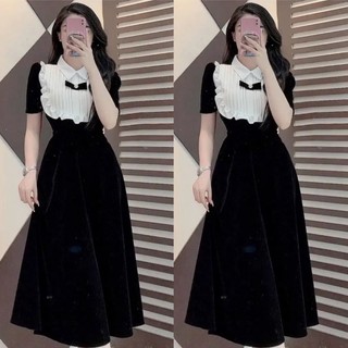 Đầm nữ dáng xòe cổ bèo dập ly, váy dự tiệc chất nhung 2 màu đen, đỏ