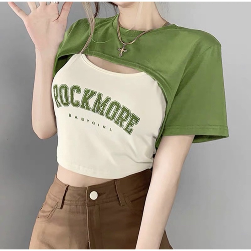 Set cotton croptop áo choàng lửng kèm áo 2 dây ROCKMORE cá tính
