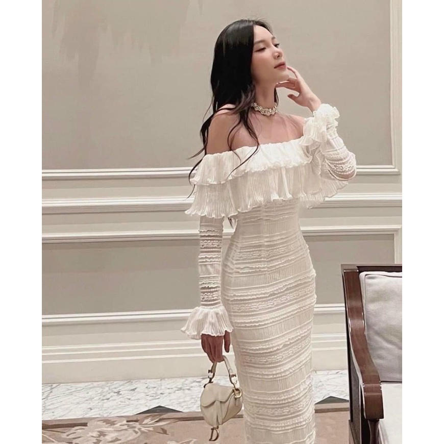 Đầm body midi ren trễ vai màu trắng/đen NÀNG CLOSET