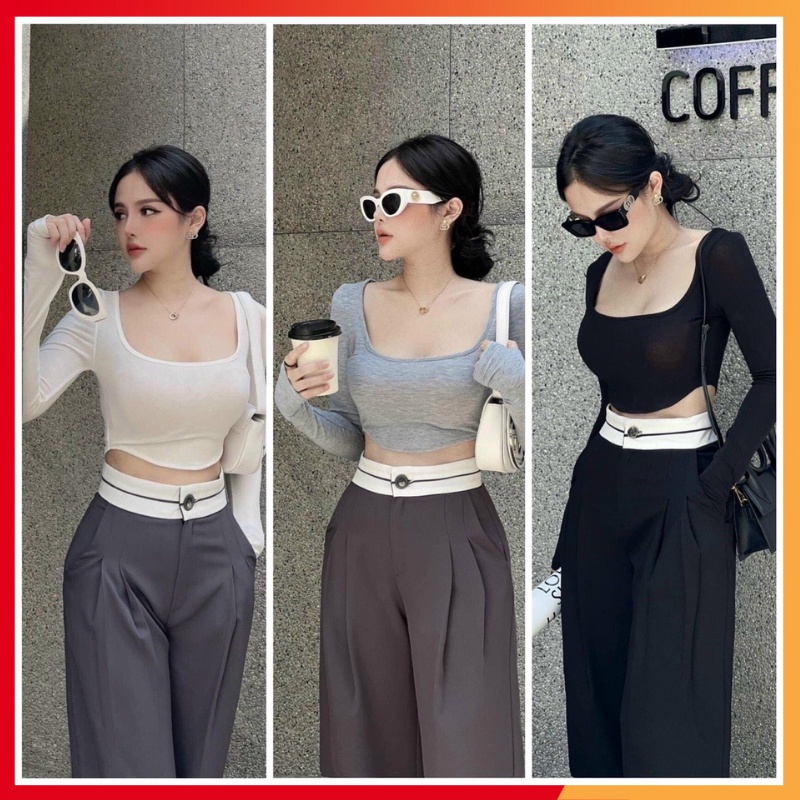 Quần nữ Dáng Suông ống rộng cạp cao phối viền bản to chất ruby Hàn 2 màu Đen Ghi siêu Hot 2023 TD225