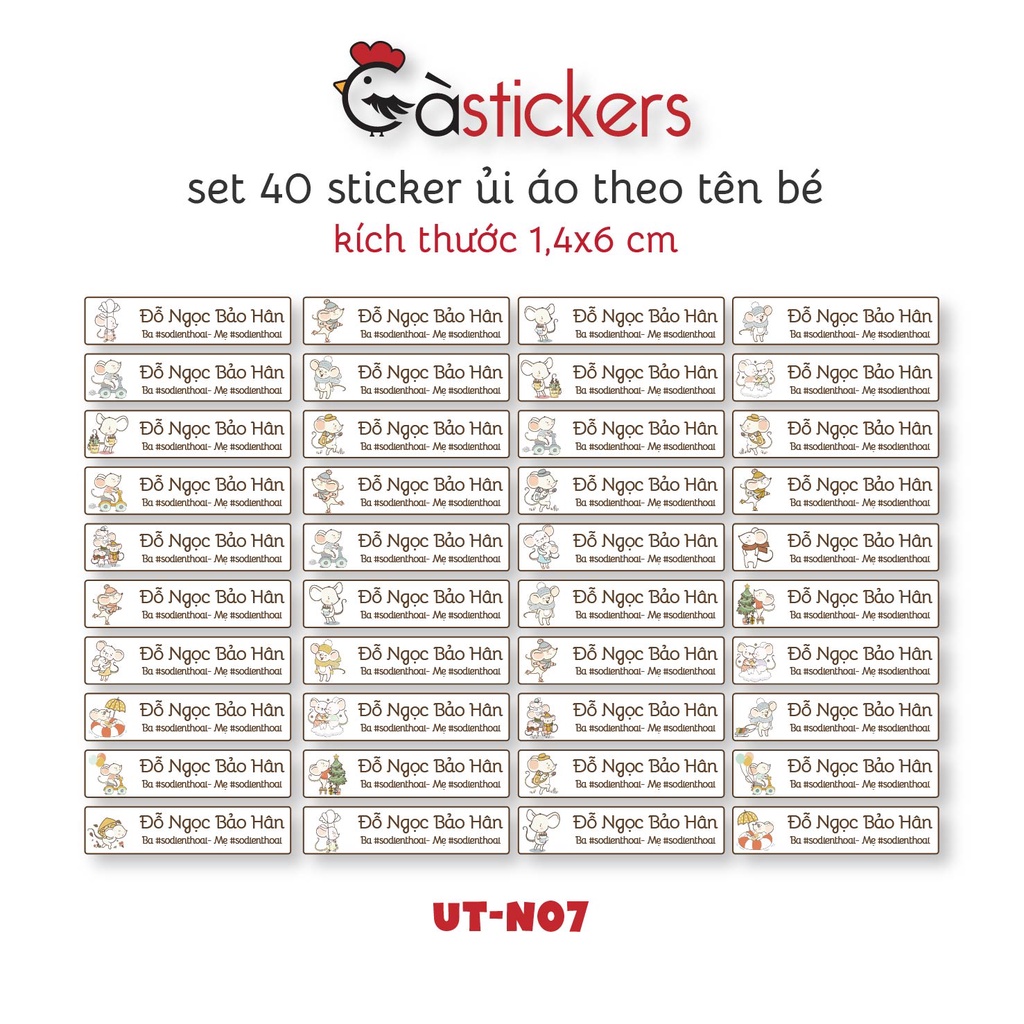 Sticker ủi áo in tên trẻ em GaStickers UT-N07- bộ 40 miếng kích thước 1,4 x 6 cm