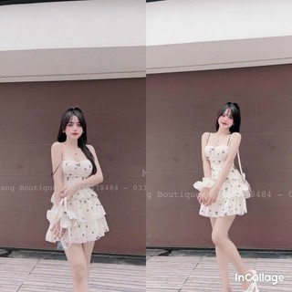 Đầm voan chingfor họa tiết in hoa thiết kế 2 dây xếp tầng sang chảnh
