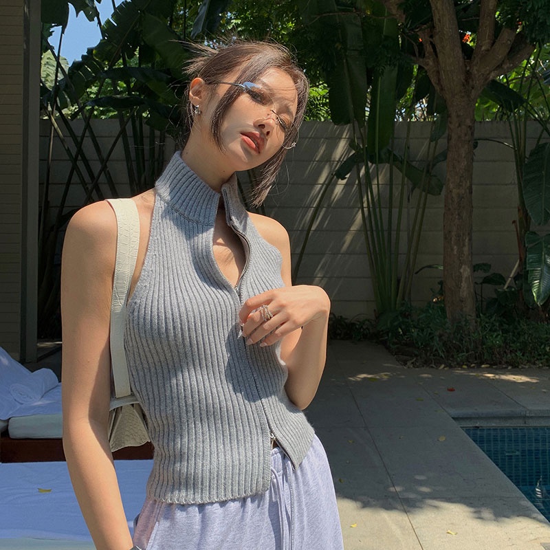 Áo Dệt Kim Không Tay Cổ Cao Ôm Dáng Có Khóa Kéo Và Gối Hàng Mới Dành Cho Bạn Nữ