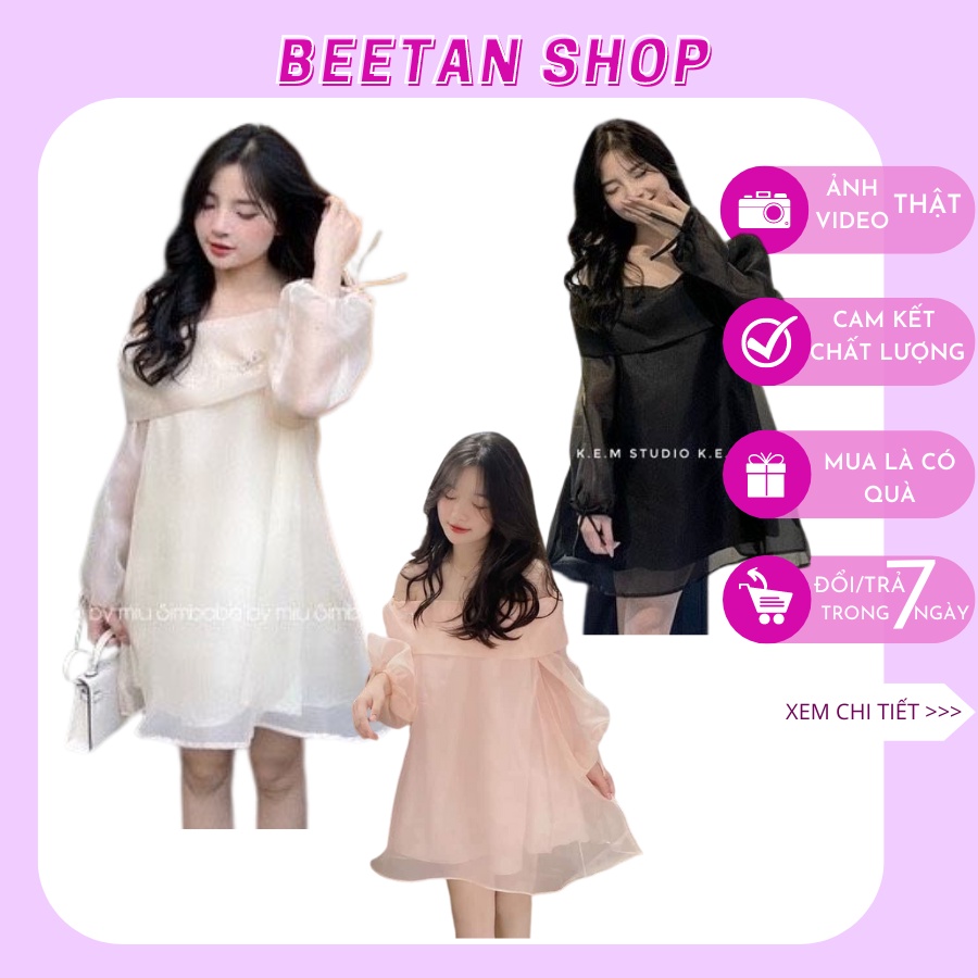 Váy trễ vai tơ kè tag nơ đá tiểu thư dài tay dáng xòe - Đầm trễ vai tơ óng D41