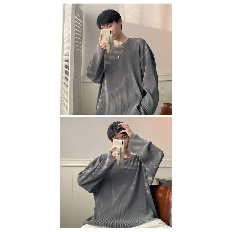Áo Thun Tay Dài Dáng Rộng Màu Trơn Họa Tiết Kẻ Sọc Phong Cách Hong Kong Thời Trang Mùa Xuân 2023 Hàng Mới 300