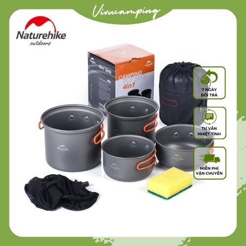 Bộ nồi dã ngoại Chính hãng NatureHike NH15T401-G 4 món chống dính gấp gọn tiện lợi