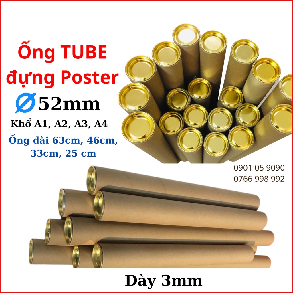 (Tặng 2 nắp).Ống Tube Poster phi 52mm.Dài 63,46,33,25cm đựng Poster, khổ giấy, tranh A1,A2,A3,A4. 2 nắp thiếc vàng đẹp