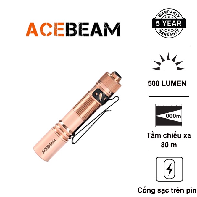 Đèn pin EDC ACEBEAM POKELIT COPPER sáng 500lm chiếu xa 80m pin 14500 độ hoàn màu cao
