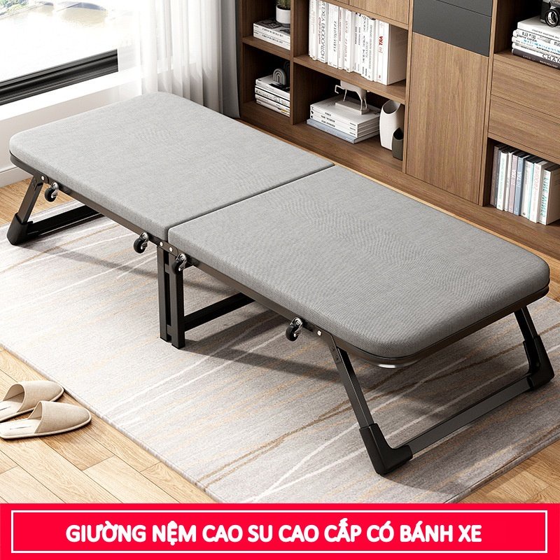 Giường Gấp Gọn AMYLY Giường Gấp Văn Phòng Cao Cấp Màu Xám, Có Bánh Xe Đệm Dày 4cm Kích Thước D183*R63*C38Cm