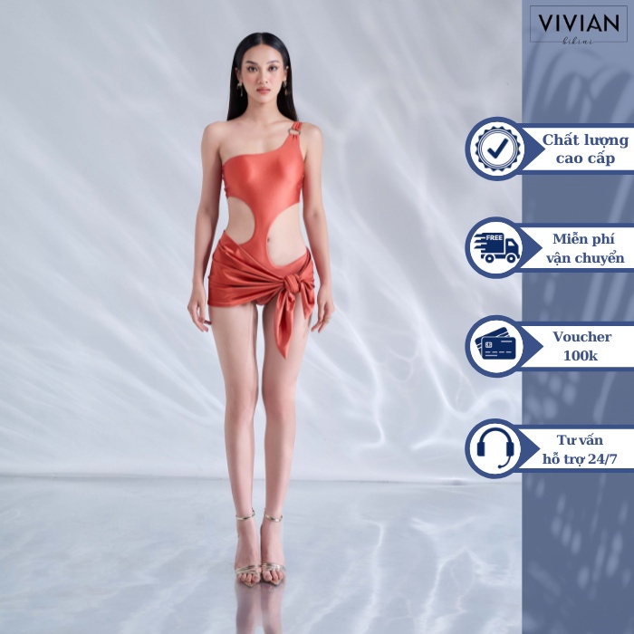 Đồ bơi nữ cao cấp 𝐕𝐈𝐕𝐈𝐀𝐍 dạng một mảnh lệch vai cutout &amp; phối váy cover cách điệu - Hồng - VS175_BR