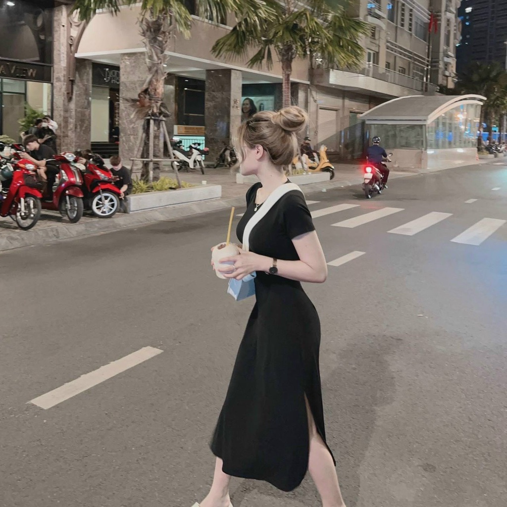 Đầm váy thun gân tăm dáng thân dài xẻ tà thiết kế đơn giản xinh xắn dành cho các tình yêu