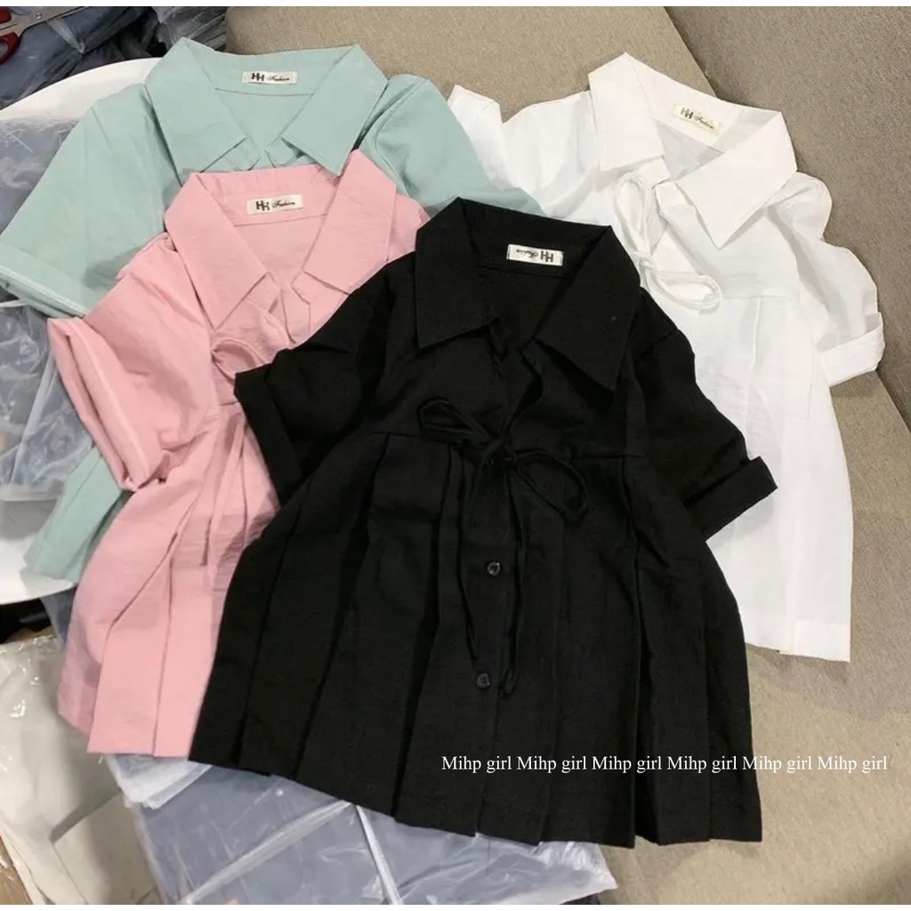 Áo sơ mi tay ngắn tà xếp ly