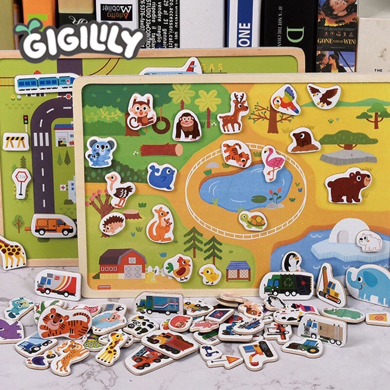 GIGILILY Xếp hình nam châm đồ chơi giáo dục trẻ em 1-3-6 tuổi bé trai giáo dục sớm cho bé đồ chơi xếp hình bằng gỗ