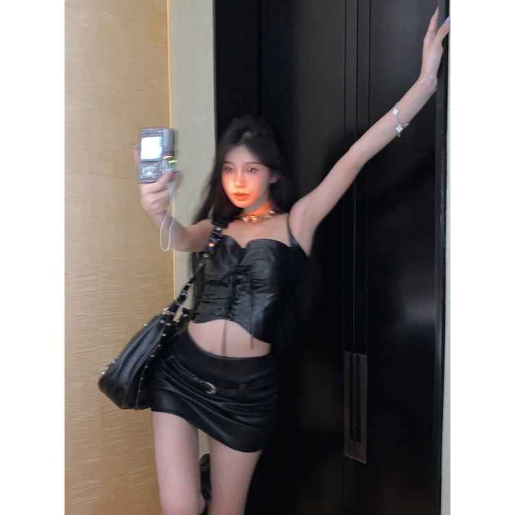 Lalisas set Áo Không Tay + Chân Váy Ngắn Ôm Hông Bằng Da Thiết Kế Gia Vị Mỹ Quyến Rũ Thời Trang Cho Nữ (Đặt Hàng Riêng Biệt)