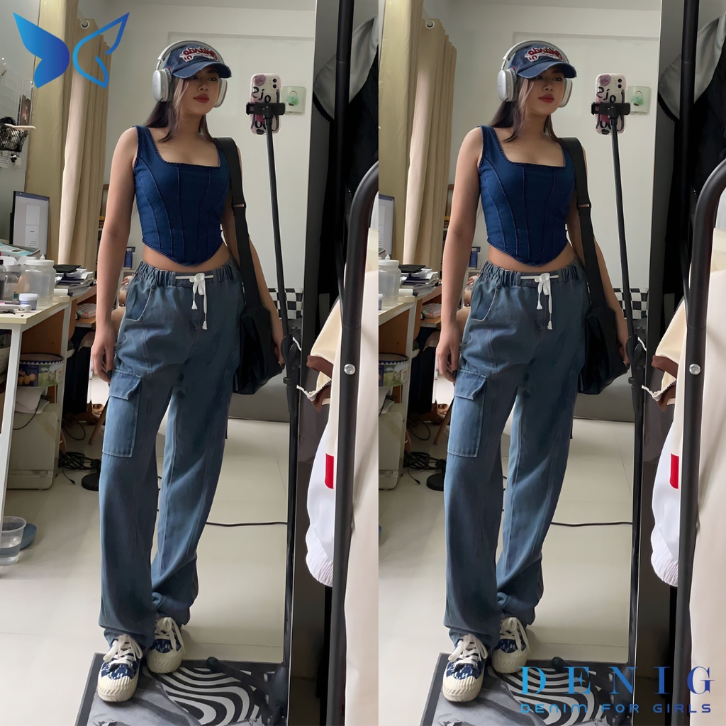 Áo hai dây jean kiểu dáng corset phối khóa kim loại DENIG