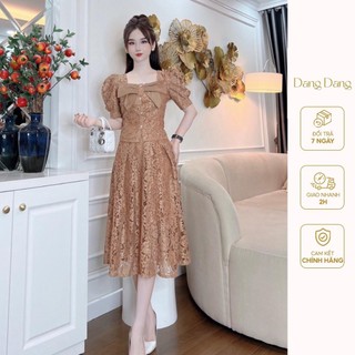 Bộ đồ ren DANG DANG áo cộc tay nơ + chân váy xếp ly cao cấp