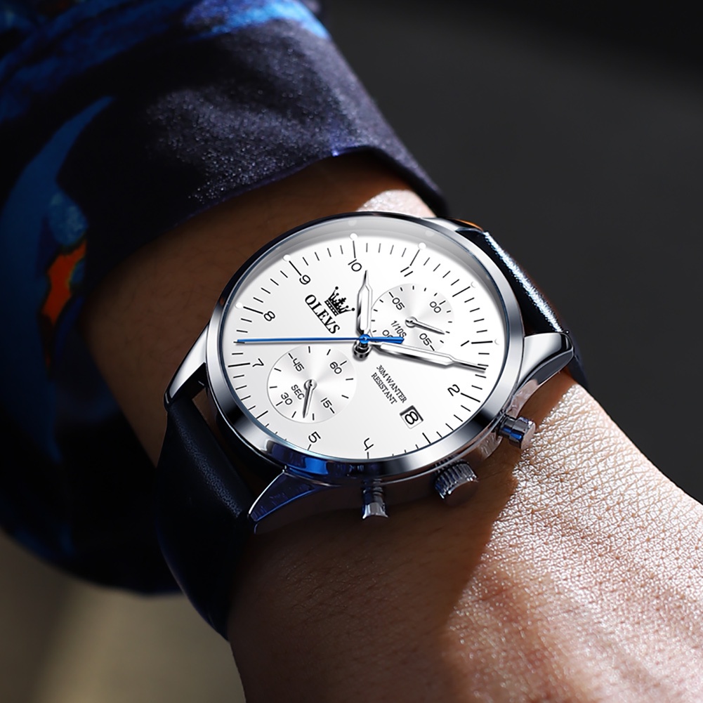OLEVS  Đồng hồ nam chính hãng Dây da có chức năng Lịch chống nước phát sáng Mặt số   2880