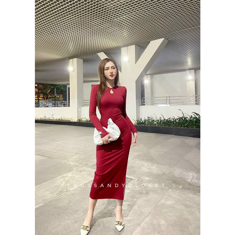 Đầm ôm body thun gân tay dài năng động sẻ tà sexy quyến rũ